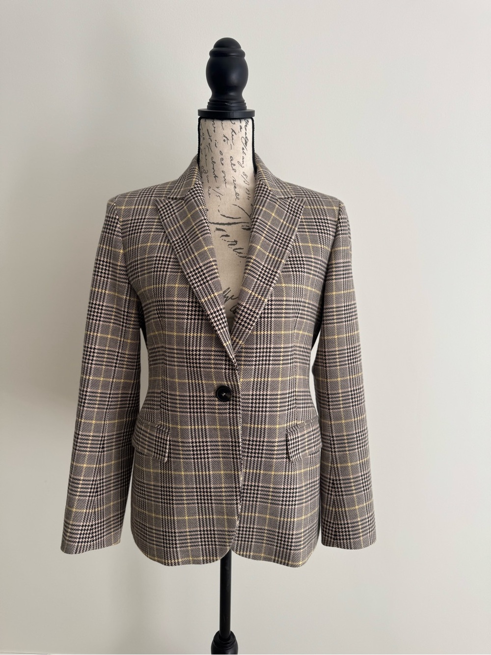 MaxMara Plaid Blazer in Gray and Tan with Subtle Yellow Windowpane